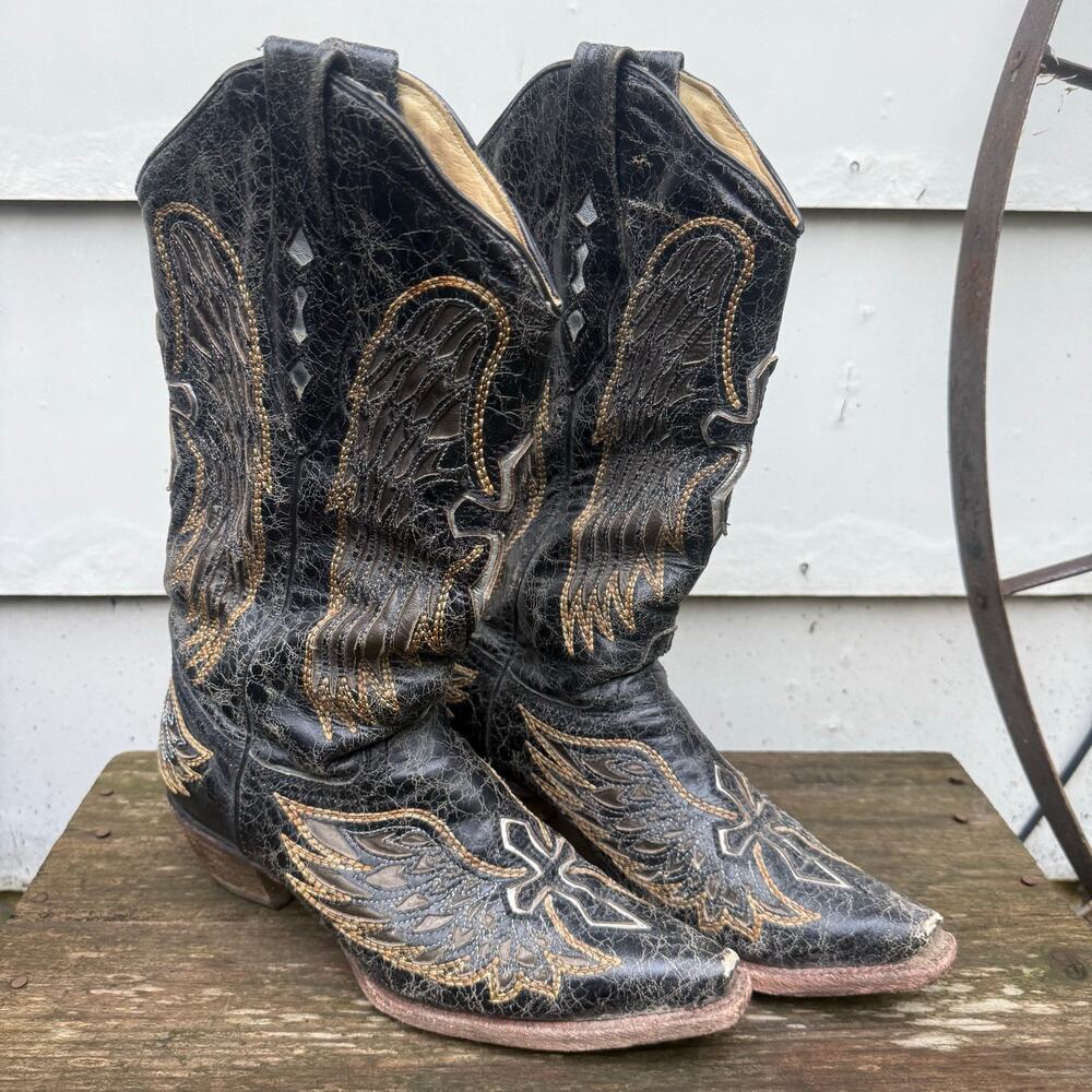 Corral Boots 7 1/2 M Black Gold Leather Cross Angel Wing Cowgirl Boots A1967
